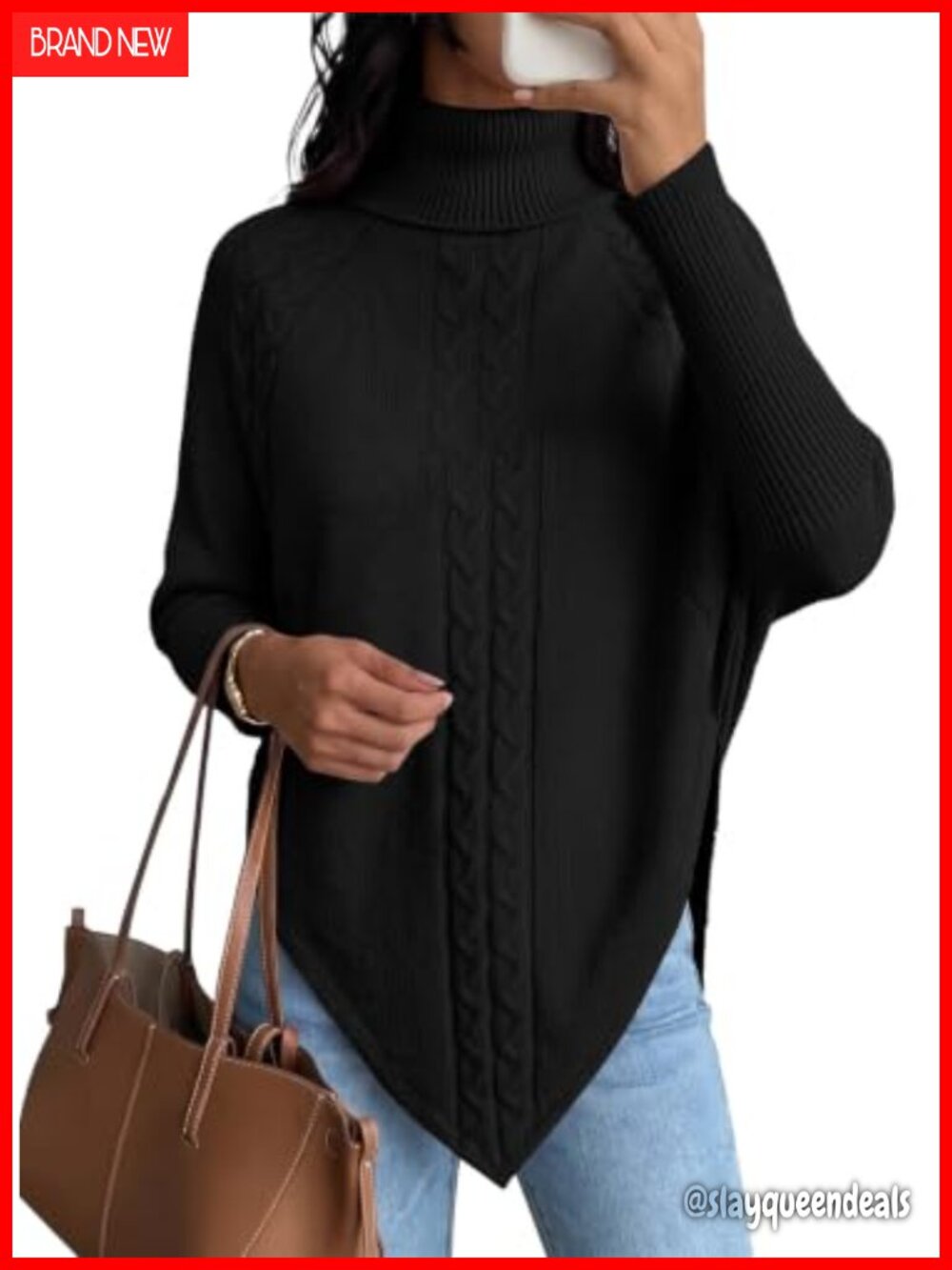 Cable Knit Turtleneck Poncho Sweater Batwing Sleeve Pullover